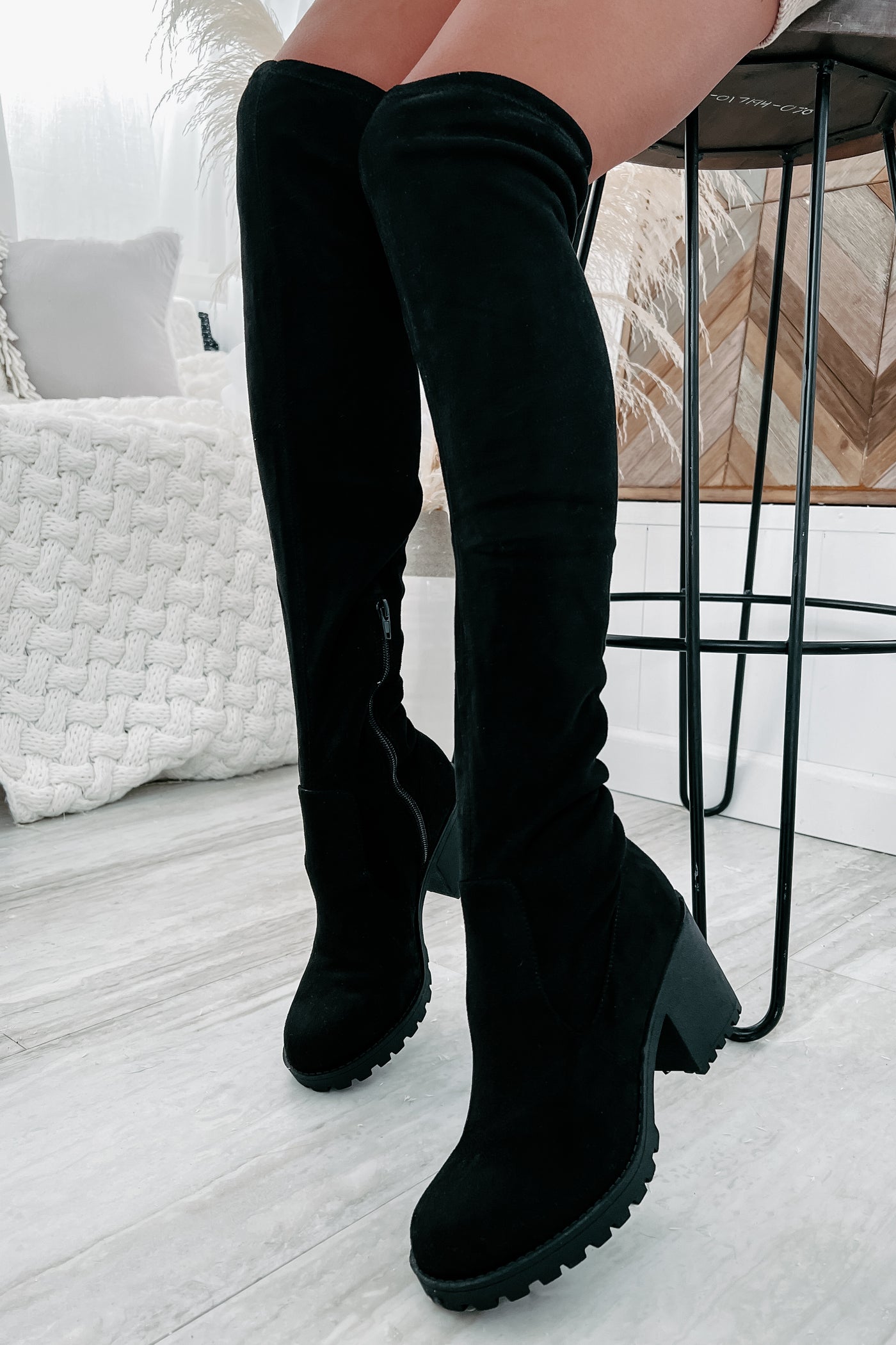 Get To Steppin' Faux Suede Over The Knee Boots (Black) - NanaMacs