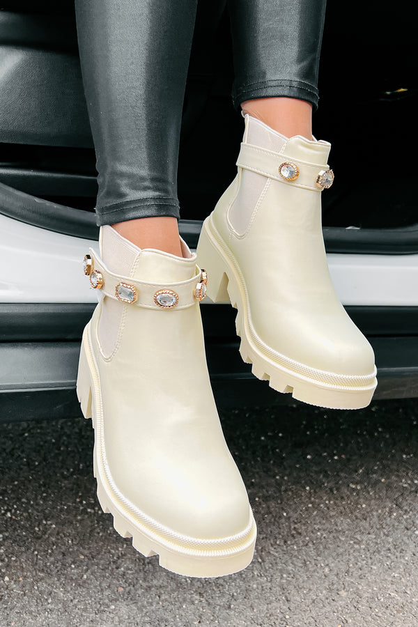 Just Think About It Rhinestone Strap Booties (Bone) - NanaMacs