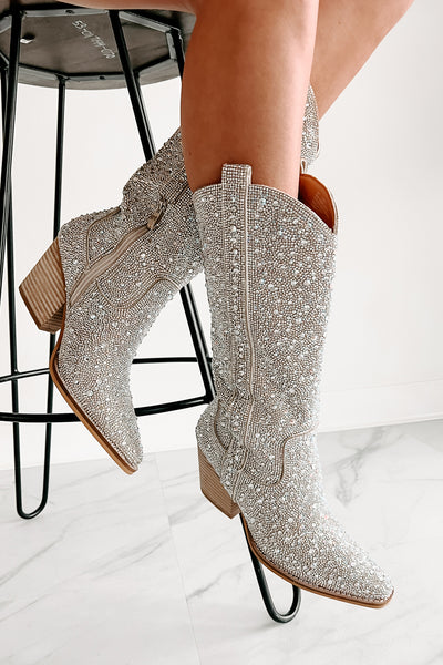 Country Queen Rhinestone Cowboy Boots (Silver Rhinestone) - NanaMacs