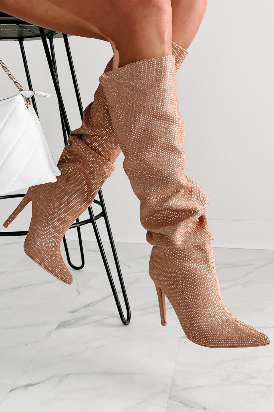 Shock Awe Slouchy Rhinestone Boots Beige NanaMacs