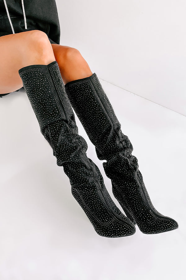 Levitate Rhinestone Knee High Slouchy Boots (Black) - NanaMacs