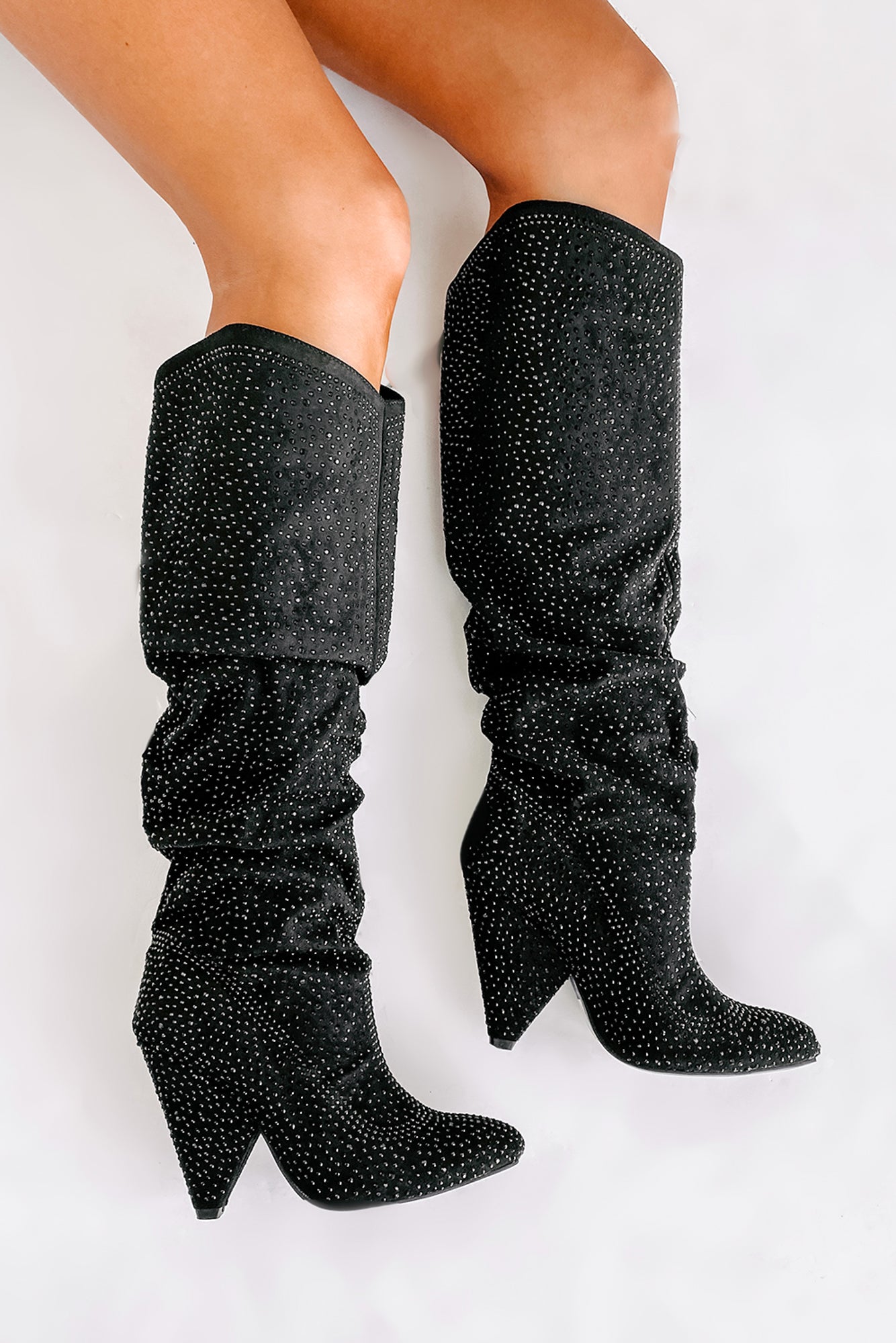 Levitate Rhinestone Knee High Slouchy Boots (Black) - NanaMacs