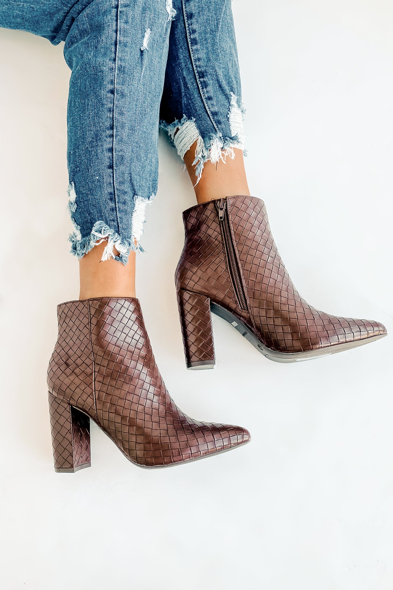 Tabby Faux Leather Woven Textured Booties (Brown) - NanaMacs
