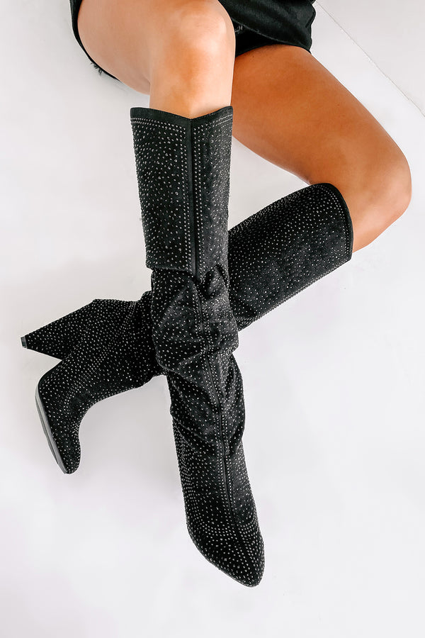 Levitate Rhinestone Knee High Slouchy Boots (Black) - NanaMacs