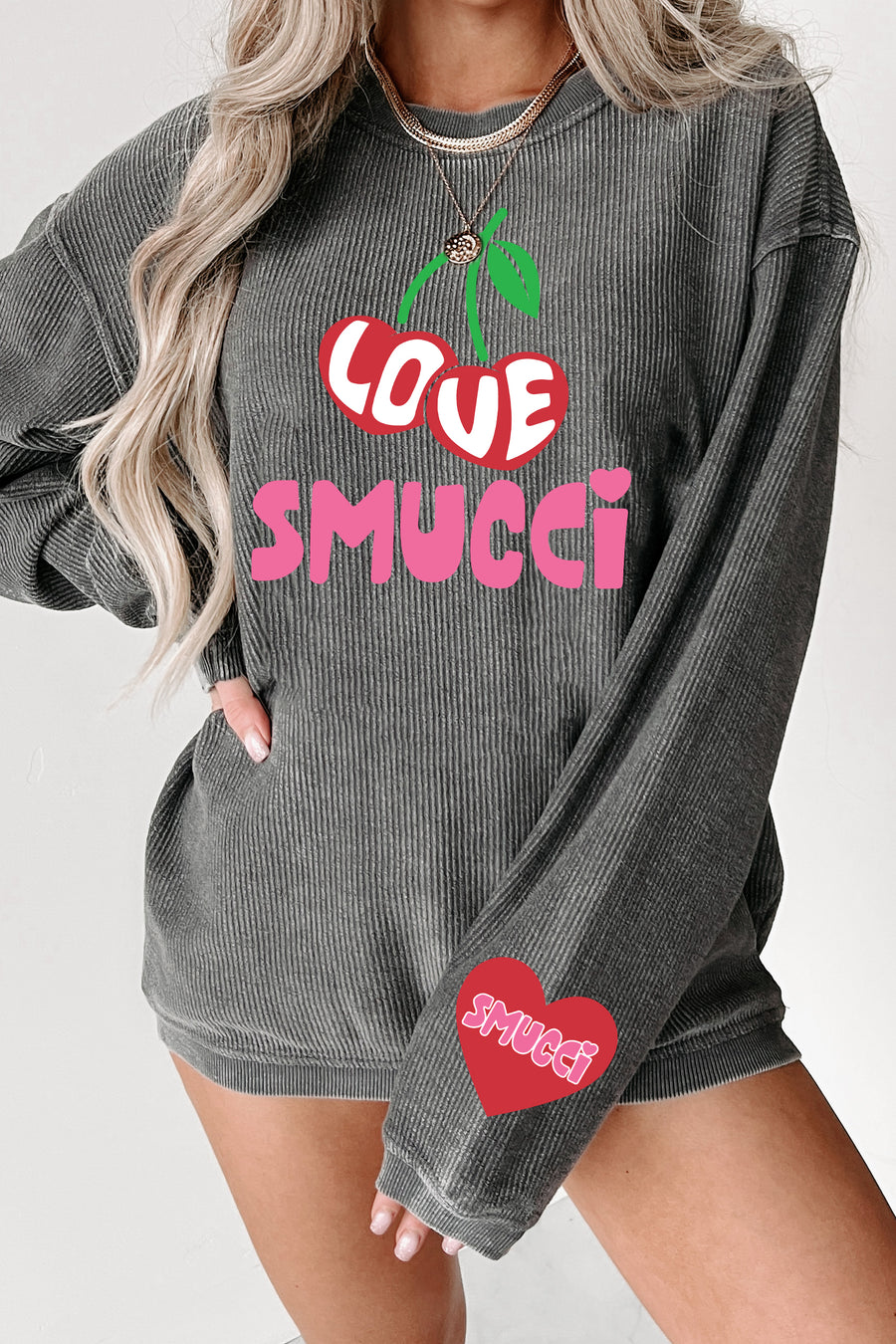 A Smucci Kind Of Love Corded Graphic Crewneck (Charcoal) - Print On Demand - NanaMacs