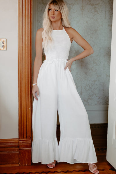 Halter Ego Wide Leg Halter Jumpsuit (Off White) - NanaMacs