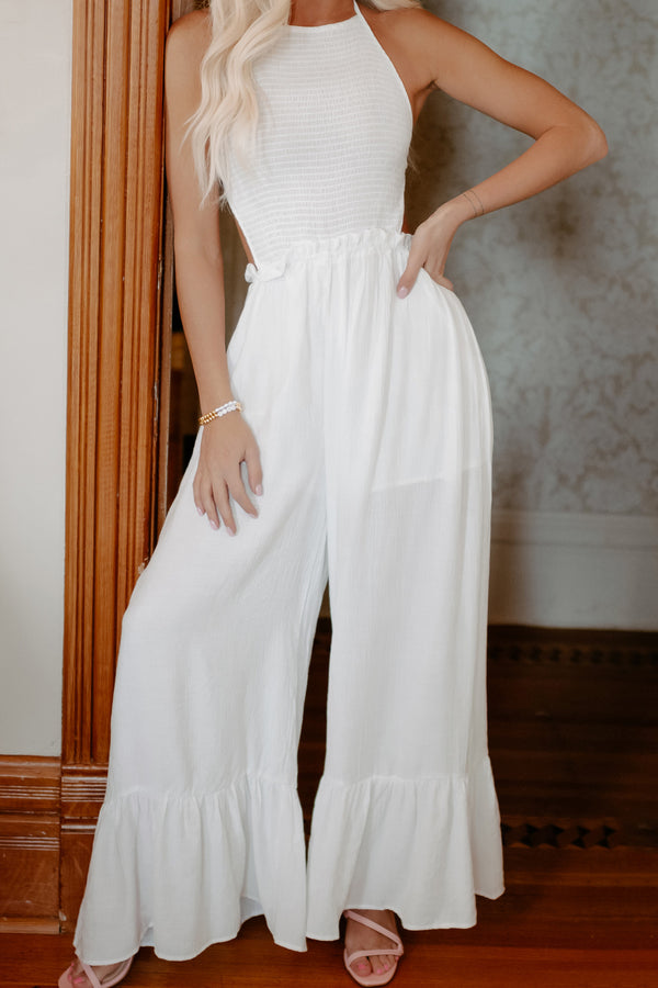 Halter Ego Wide Leg Halter Jumpsuit (Off White) - NanaMacs