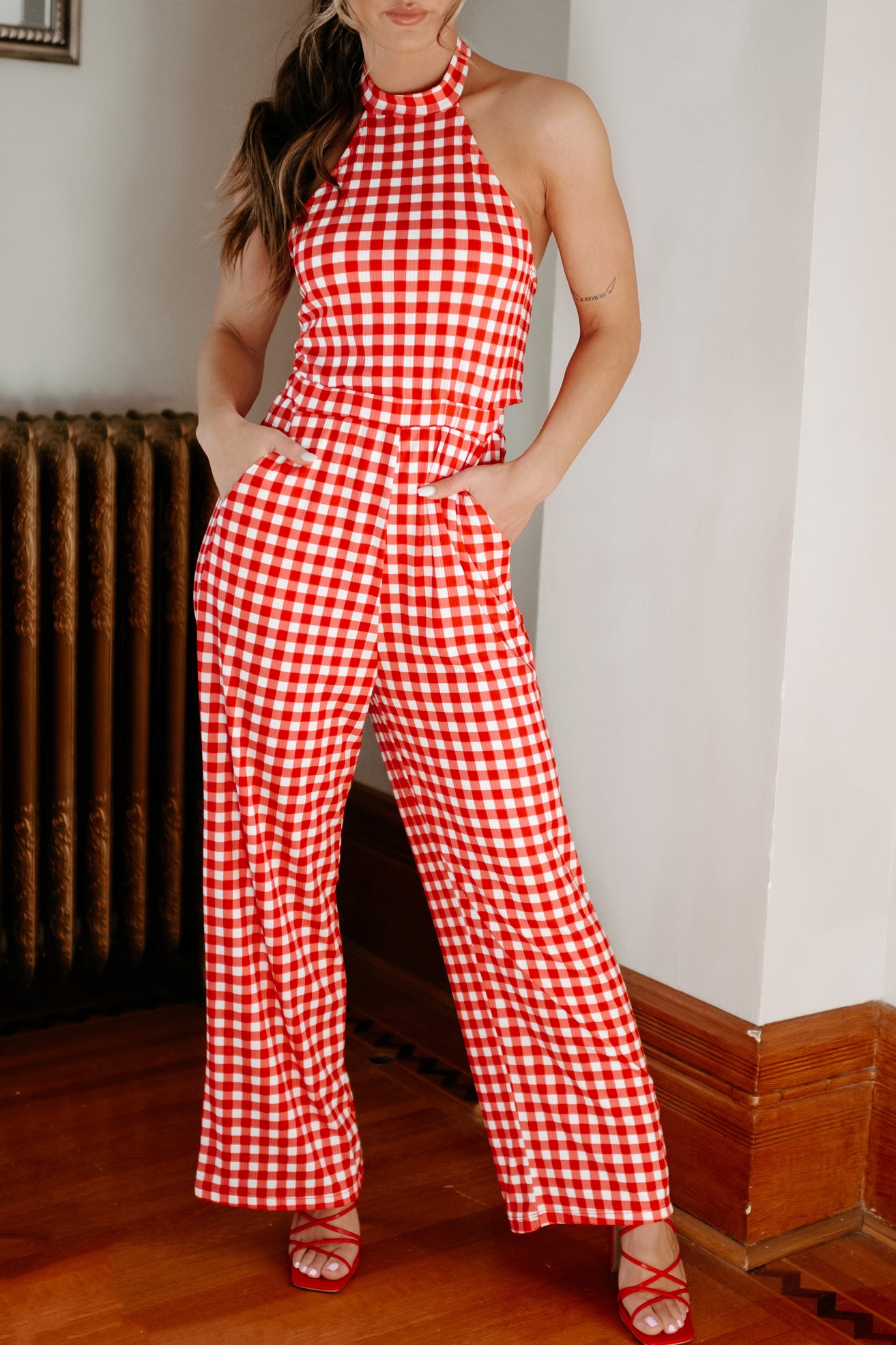 Spending The Day Gingham Halterneck Jumpsuit (Red) - NanaMacs