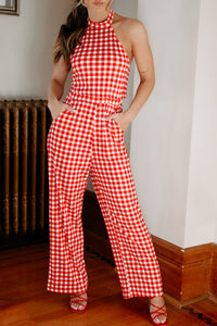 Spending The Day Gingham Halterneck Jumpsuit (Red) - NanaMacs