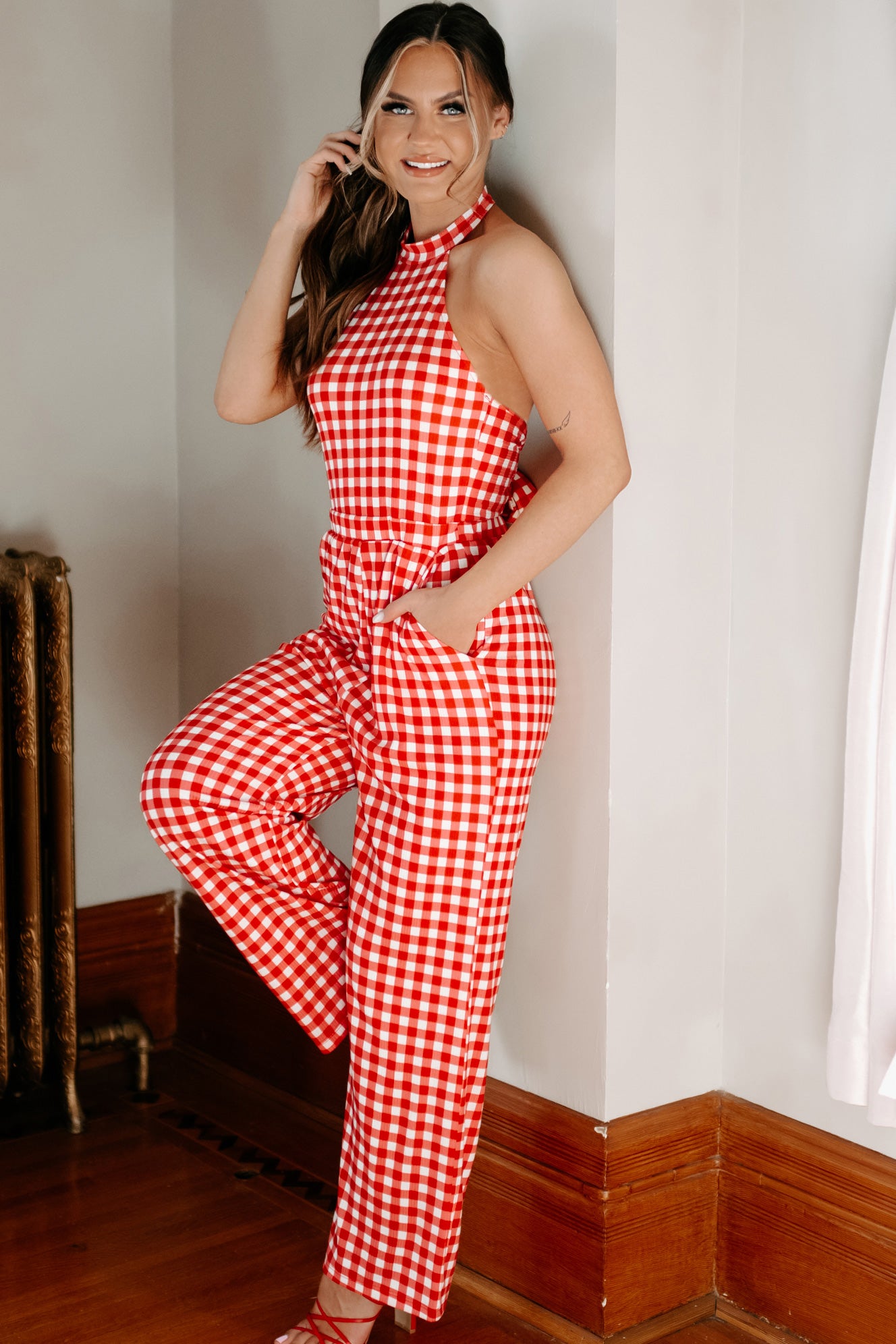 Red hotsell gingham jumpsuit