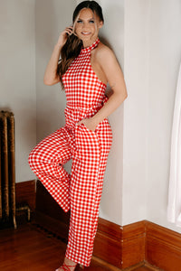 Spending The Day Gingham Halterneck Jumpsuit (Red) - NanaMacs