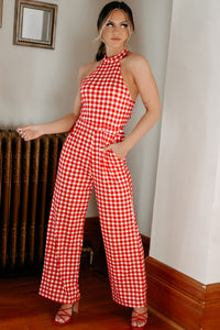 Spending The Day Gingham Halterneck Jumpsuit (Red) - NanaMacs