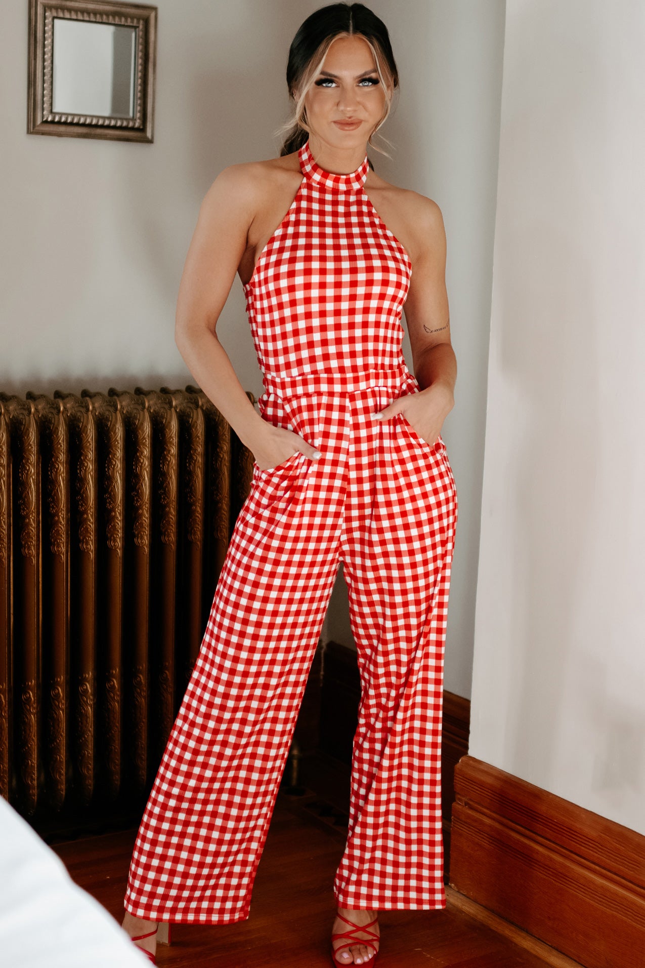 Spending The Day Gingham Halterneck Jumpsuit (Red) - NanaMacs