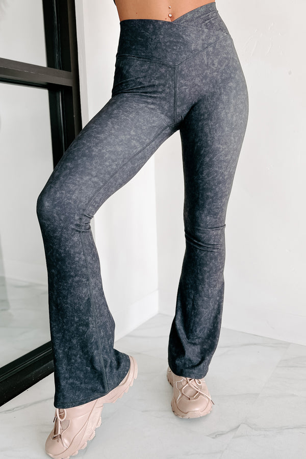 Craving Comfort Mineral Washed Cross-Over Flared Leggings (Black) - NanaMacs