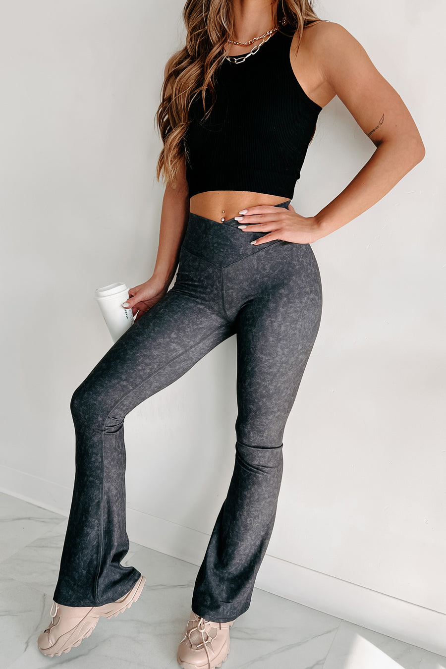 Craving Comfort Mineral Washed Cross-Over Flared Leggings (Black) - NanaMacs