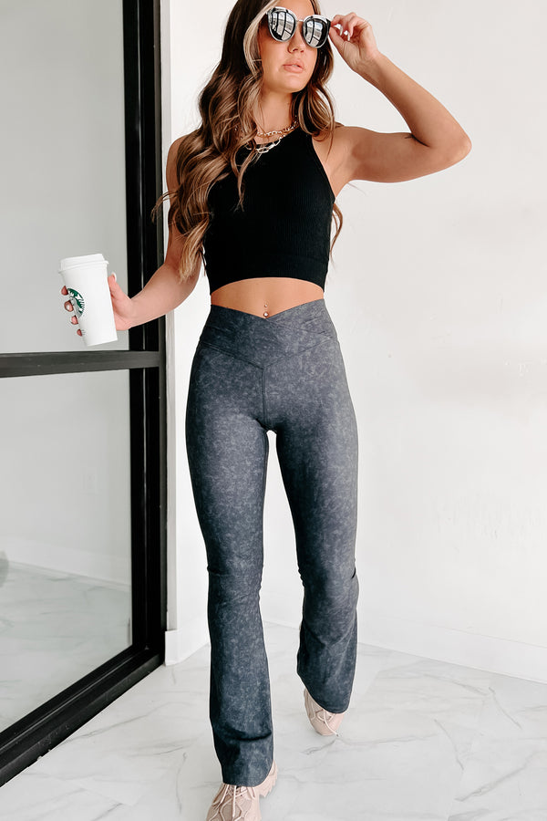 Craving Comfort Mineral Washed Cross-Over Flared Leggings (Black) - NanaMacs