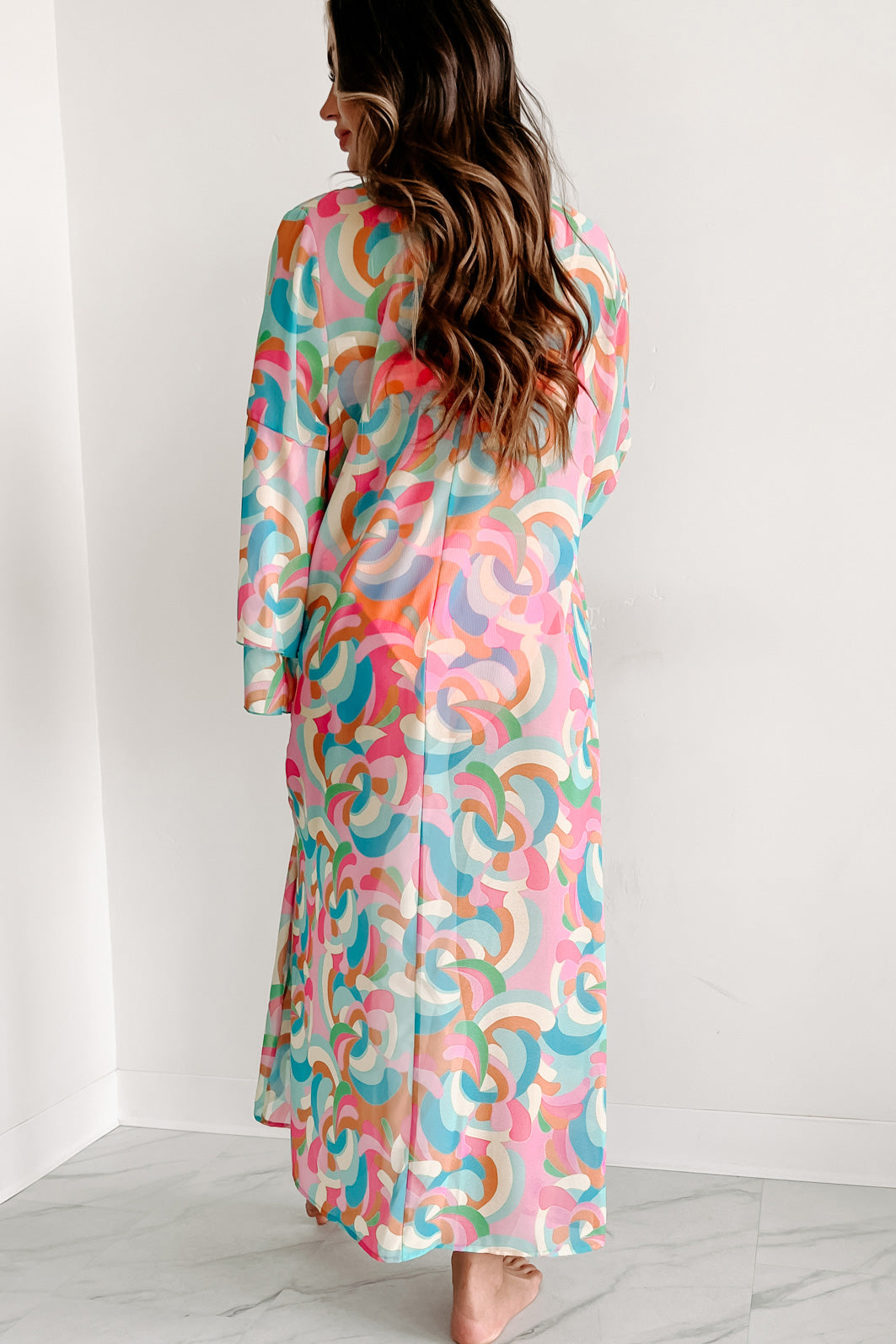 Color Outside The Lines Printed Duster Kimono (Pink/Teal) - NanaMacs