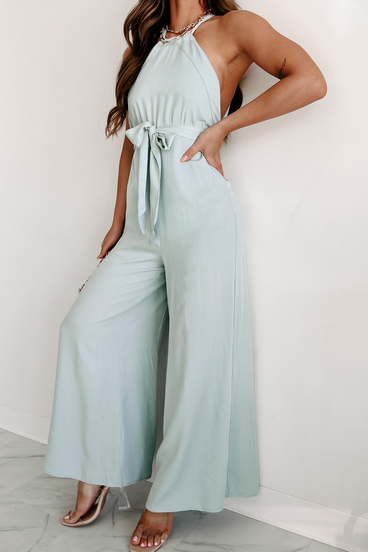 Sending My Best Wide Leg Halter Jumpsuit (Blue) - NanaMacs