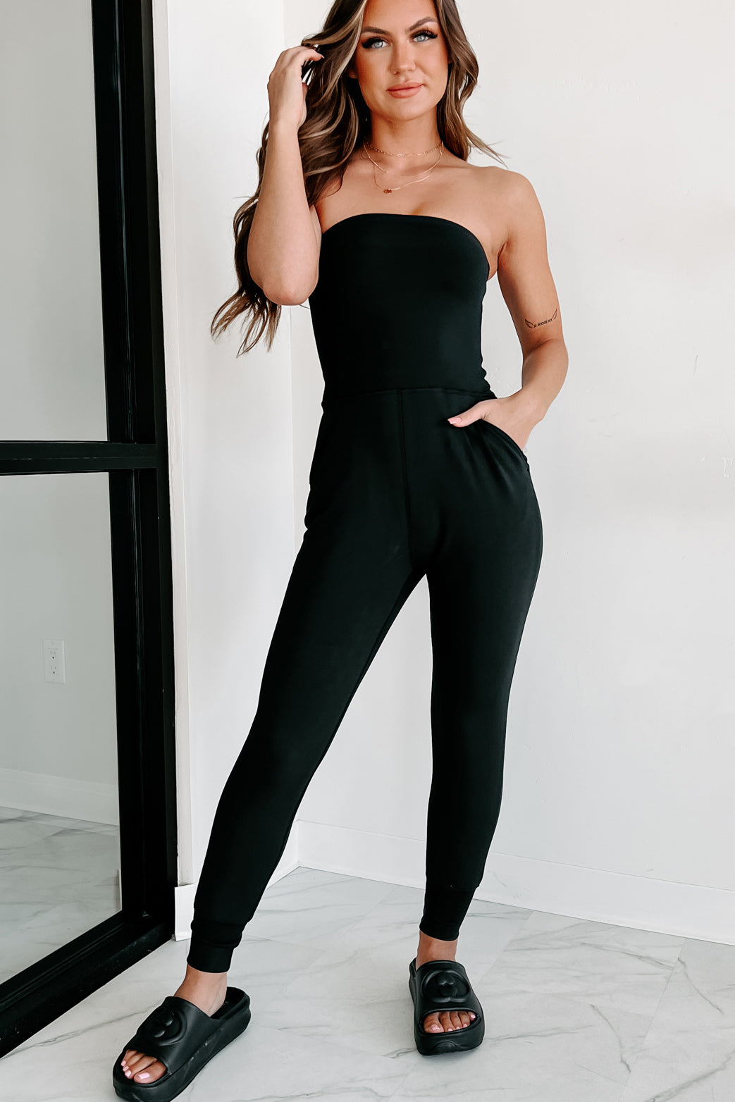 Addicted To Traveling Strapless Jumpsuit (Black)