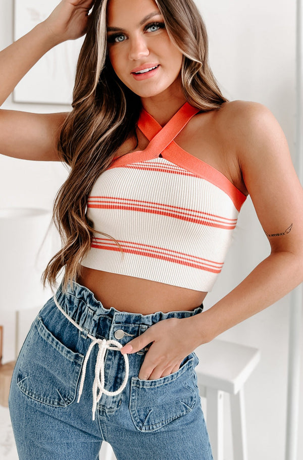 A Retro Moment Striped Halter Crop Top (Orange) - NanaMacs