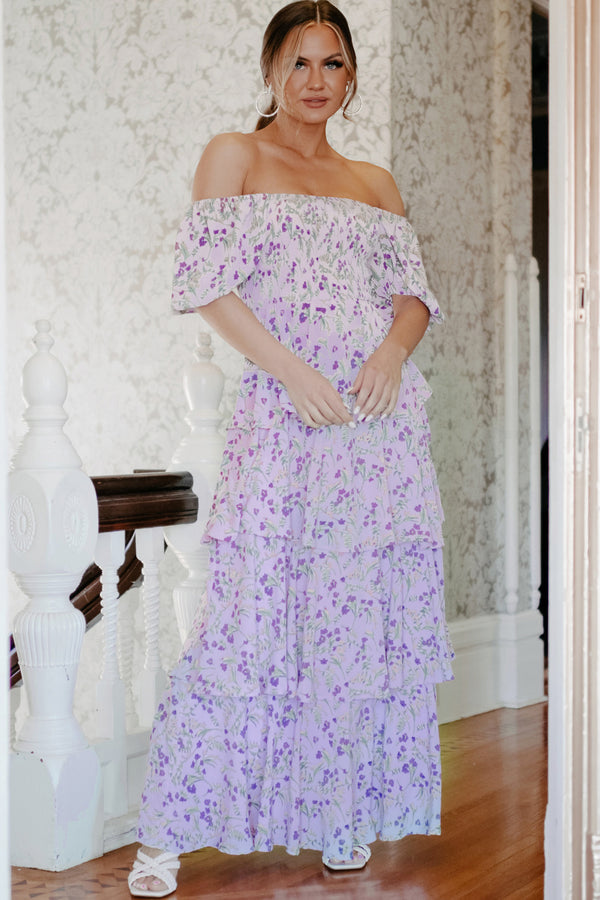 Chic In Charlottesville Tiered Floral Maxi Dress (Lavender) - NanaMacs