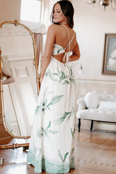 Bungalow Beauty Printed Tie-Back Maxi Dress (Green/Ivory) - NanaMacs