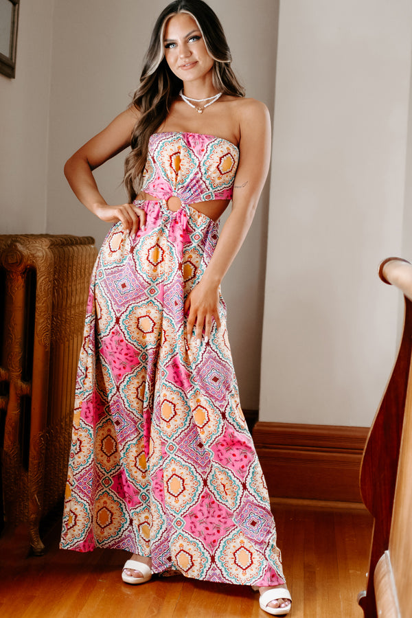 Vivacious Love Strapless Wide Leg Jumpsuit (Pink Multi) - NanaMacs