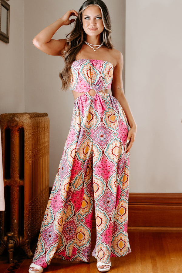 Vivacious Love Strapless Wide Leg Jumpsuit (Pink Multi) - NanaMacs