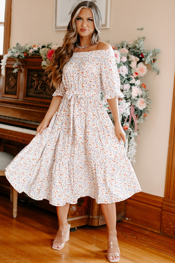 Infinite Bliss Floral Off The Shoulder Midi Dress (White) - NanaMacs