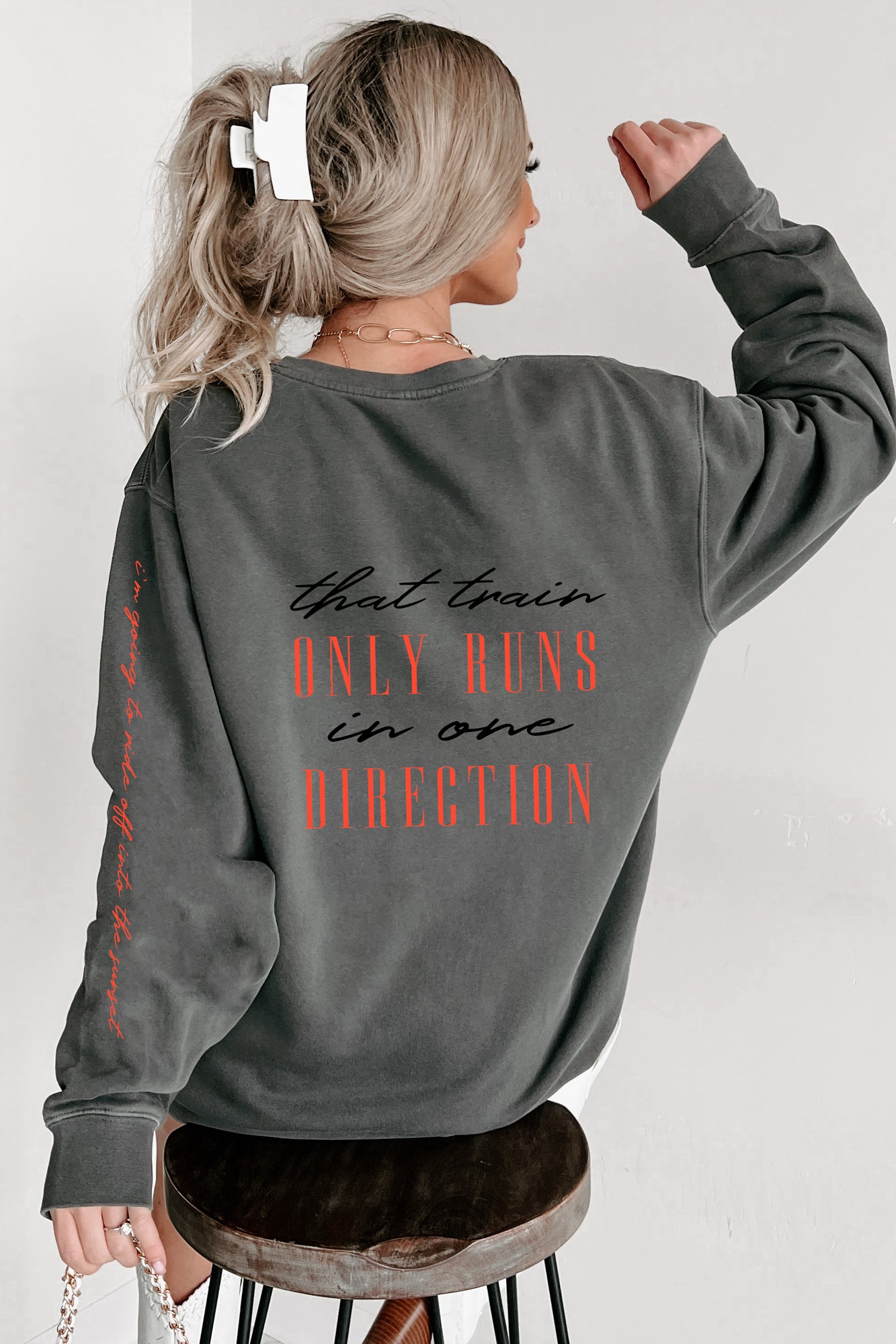 "Ride Off Into The Sunset" Double-Sided Vintage Wash Graphic Crewneck (Black) - Print On Demand - NanaMacs