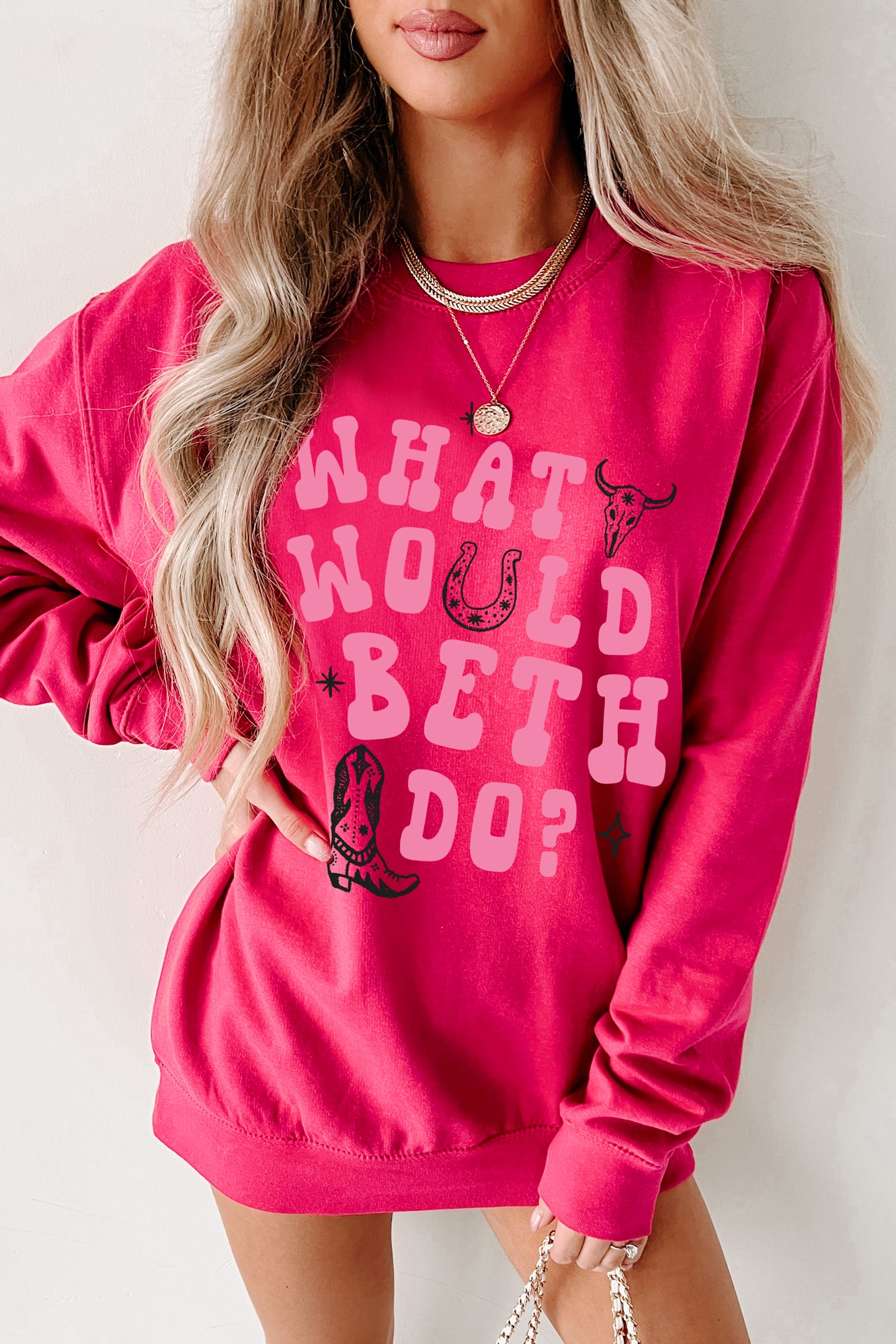 "What Would Beth Do" Graphic Crewneck (Hot Pink/Light Pink) - Print On Demand - NanaMacs